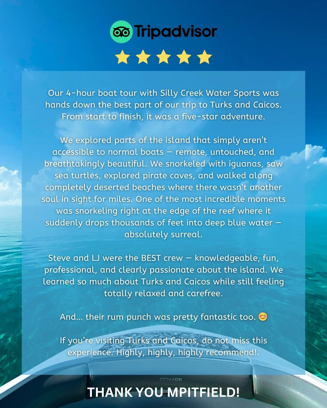 Five star experiences from start to finish ⭐

#TripAdvisorReviews #TurksAndCaicos #SillyCreekWaterSports