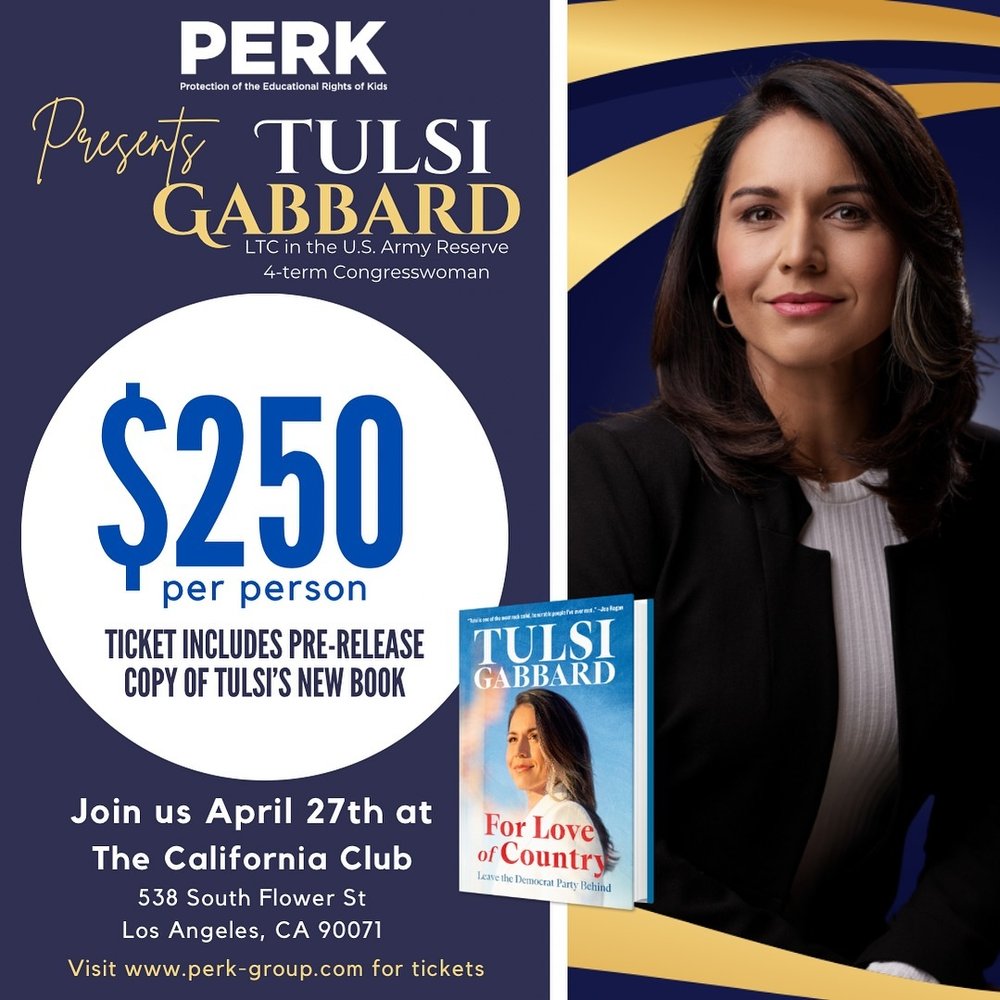 Last call for tickets to this one of a kind special event featuring keynote speaker Tulsi Gabbard, 4 term congresswoman and LTC in US Army Reserve. 

This will be an unforgettable evening filled with compelling conversation, unparalleled elegant ambi