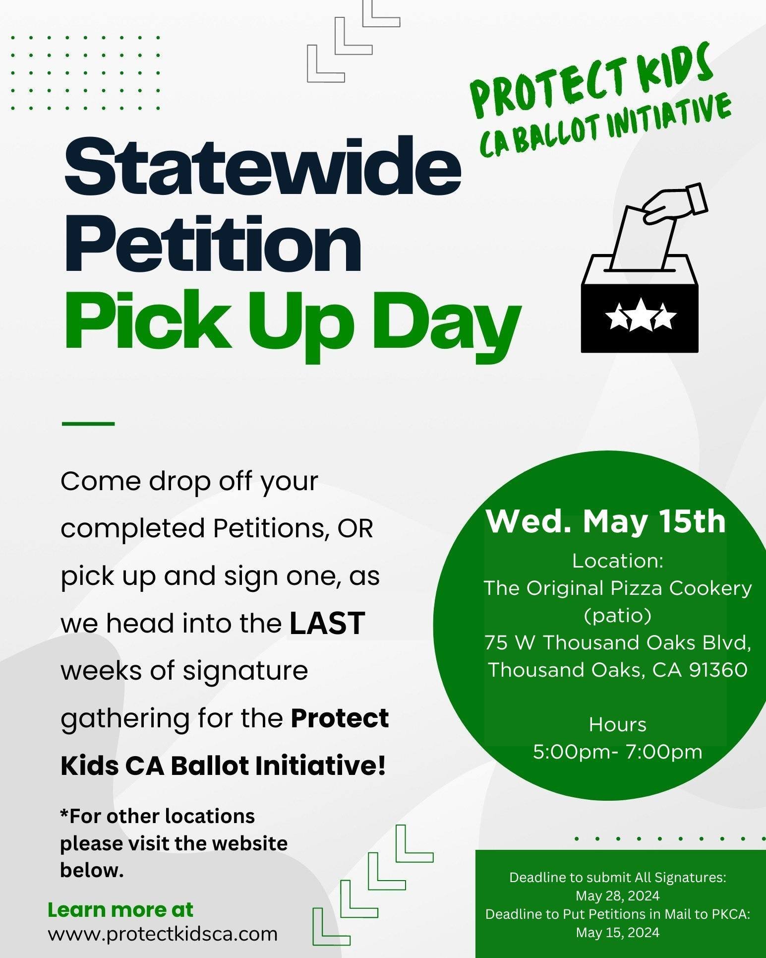🚨🚨THIS WEDNESDAY, MAY 15TH🚨🚨 IS THE LAST DAY TO MAIL COMPLETED PETITIONS!

Join us for a Statewide Petition pick up day on Wednesday May 15th. PERK will be at The Original Pizza Cookery in Thousand Oaks CA from 5:00-7:00 pm

To locate a pickup sp