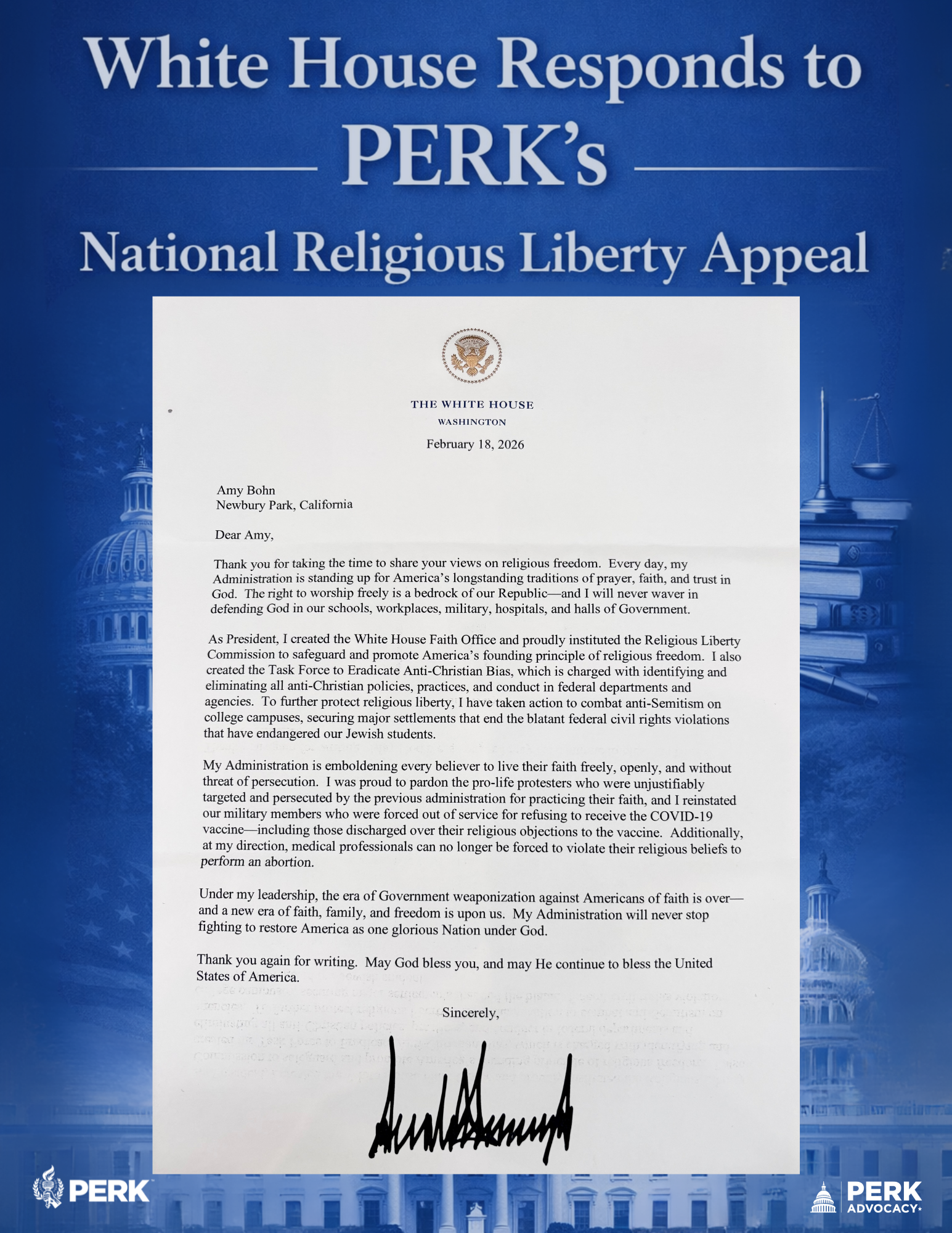 White House Responds to PERK’s National Religious Liberty Petition
