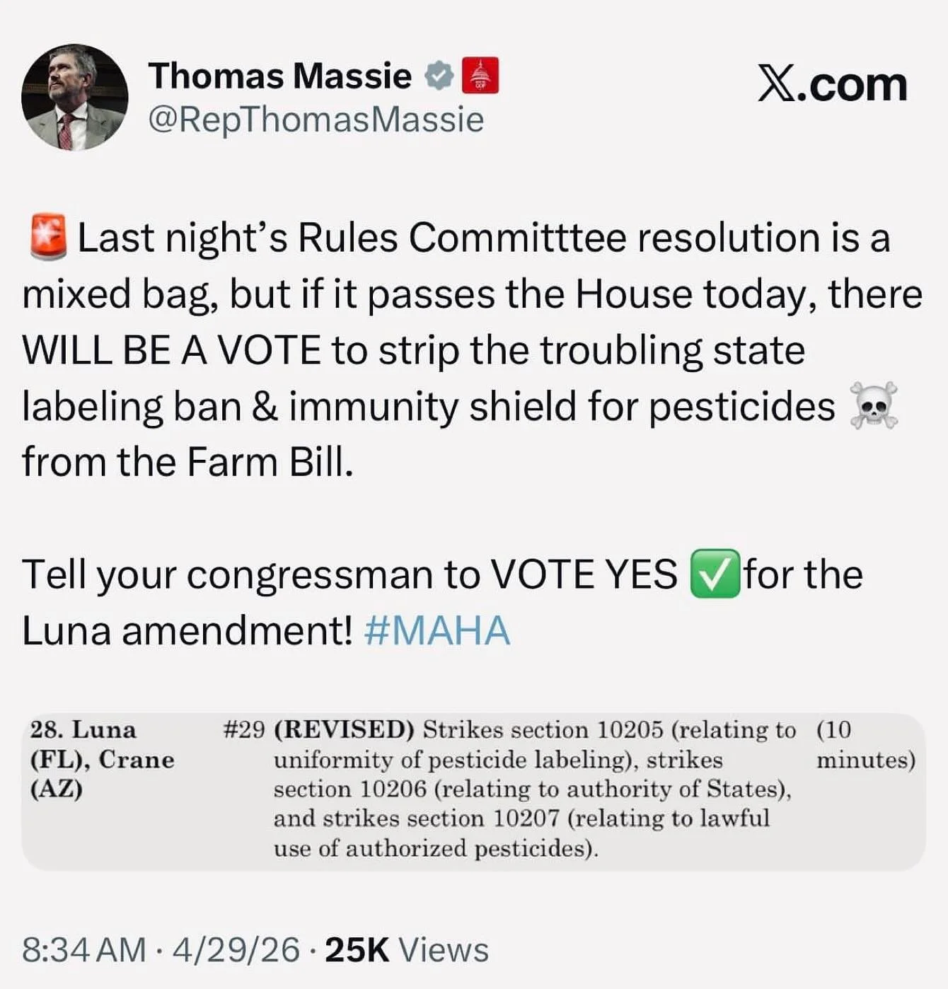 From Representative Massie:🚨Last night&rsquo;s Rules Committtee resolution is a mixed bag, but if it passes the House today, there WILL BE A VOTE today to strip the troubling state labeling ban &amp; immunity shield for pesticides from the Farm Bill