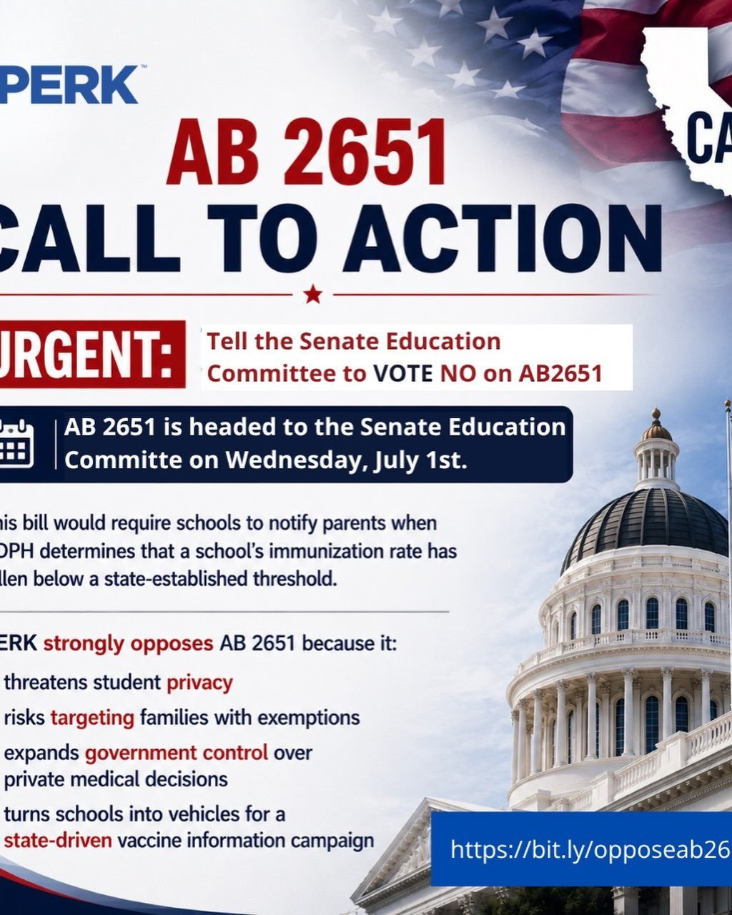 Urgent Action Needed: Oppose AB 2651, tell the Senate Education Committee to Vote No on AB2651.

AB 2651 Threatens Student Privacy and Parental Rights

AB 2651, also known as the Informed Parents, Healthy Schools Act, is moving forward in the Califor