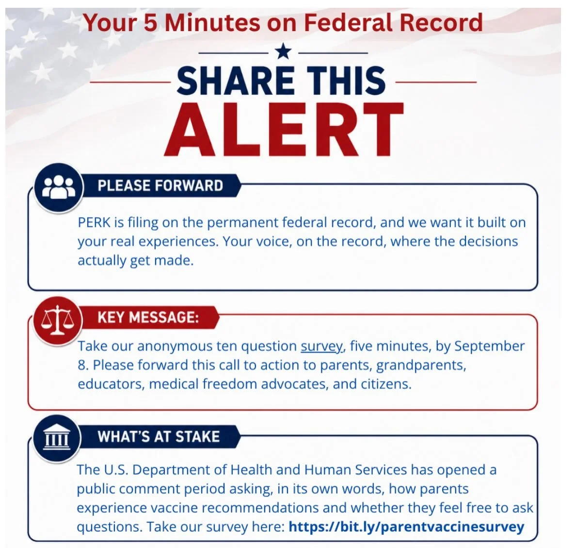 Take Our Anonymous Parent Vaccine Survey
Parents, Activists, and Supporters, We need your help!

YOUR FIVE MINUTES ON THE FEDERAL RECORD

The U.S. Department of Health and Human Services has opened a public comment period asking, in its own words, ho