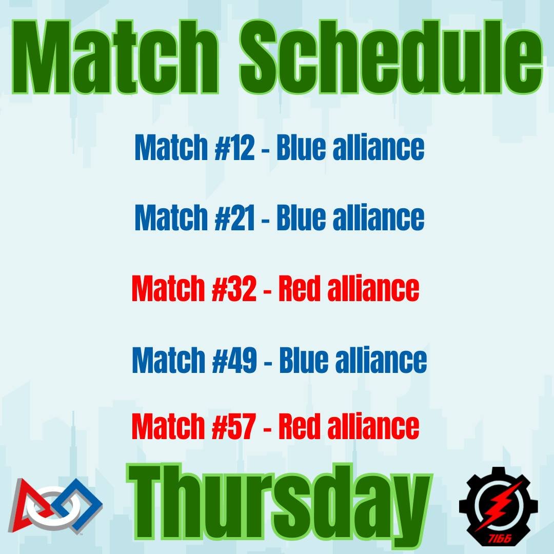 Thursday's lineup is set! Check out our match schedule for today. Don't forget, you can catch all the action live at this link:
https://www.twitch.tv/firstinspires_curie