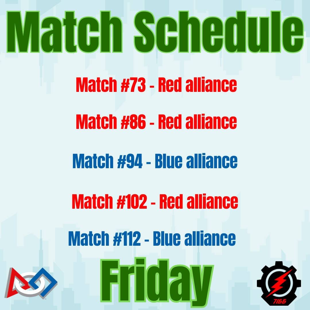 Good morning from worlds! Where headed into a amazing day. Here is the match schedule for today and the link to watch live: https://www.thebluealliance.com/gameday#chat=hidden&amp;layout=0&amp;view_0=2024cur-0