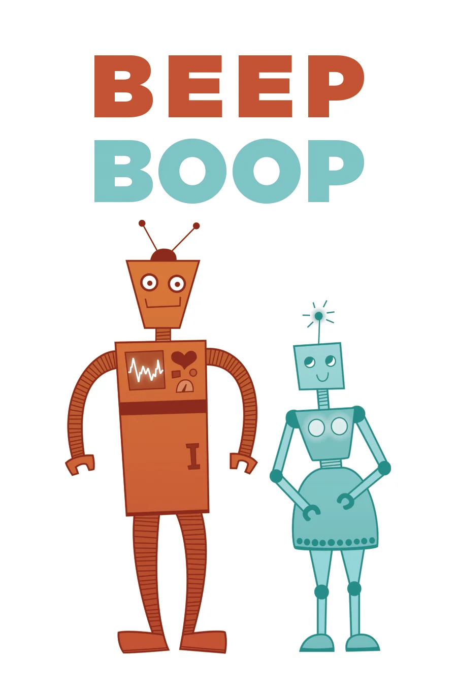 Vector illustration of two silly robots in love in a 60s American cartoon style