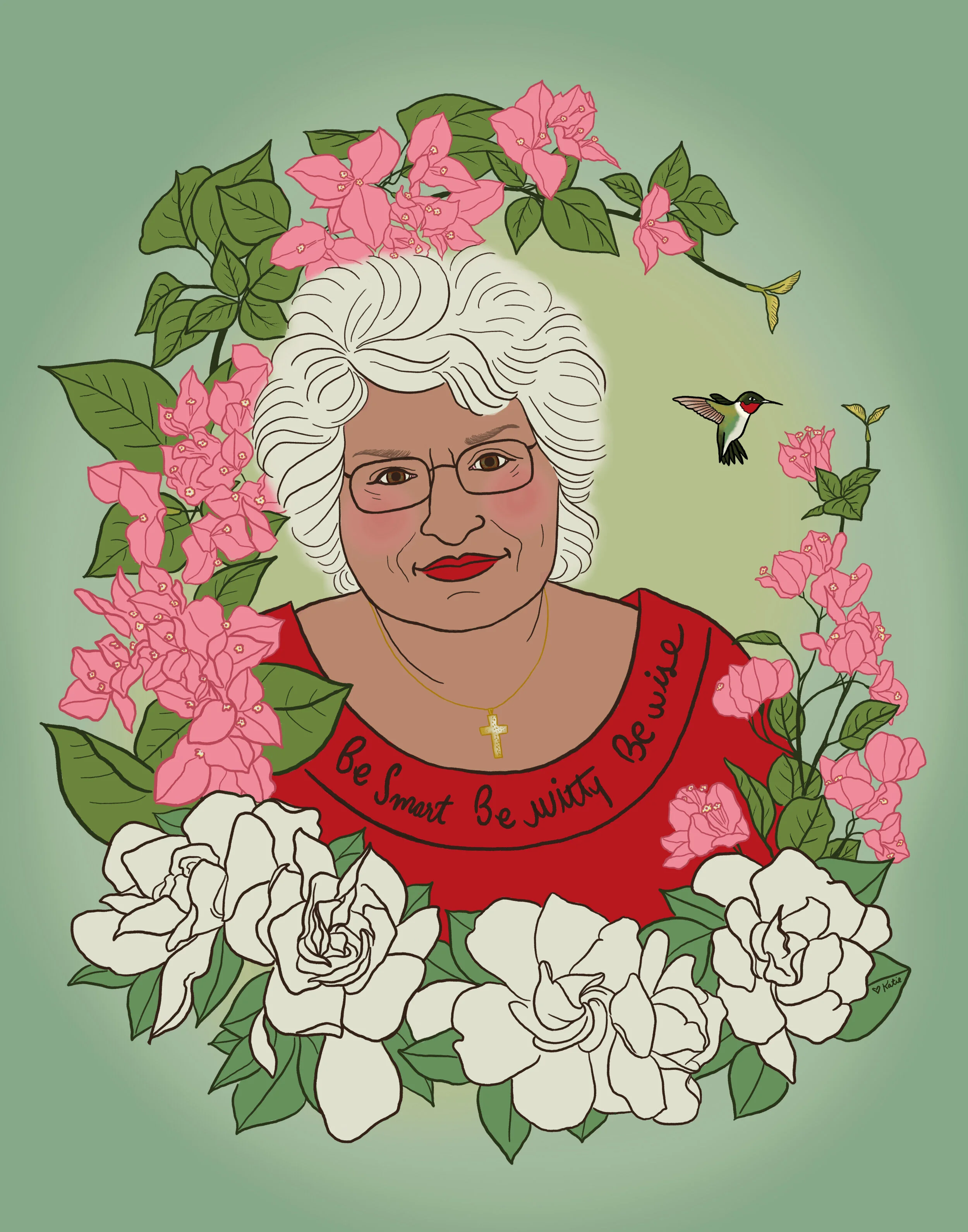 Stylized illustrated portrait of a beloved grandmother surrounded by some of her favorite things: gardenias, bougainvillea, and a hummingbird.