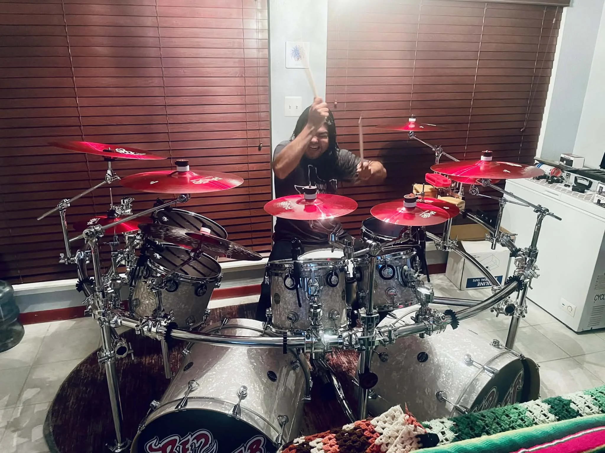  When the drummer leaves his kit at the singer's place lol