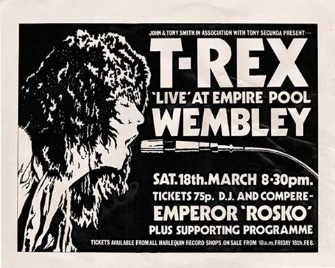 Today in music! T. Rex played their first of two sold out shows at Wembley's Empire Pool in 1972. Ringo Starr filmed the concerts and the footage can be seen in the documentary Born To Boogie.

#the500podcast #todayinmusic #trex #iliketoboogie