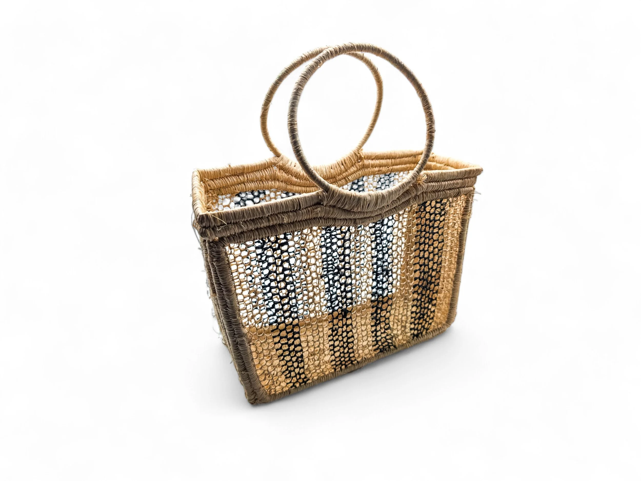 Handmade Raffia Basket (Navy Stripes)