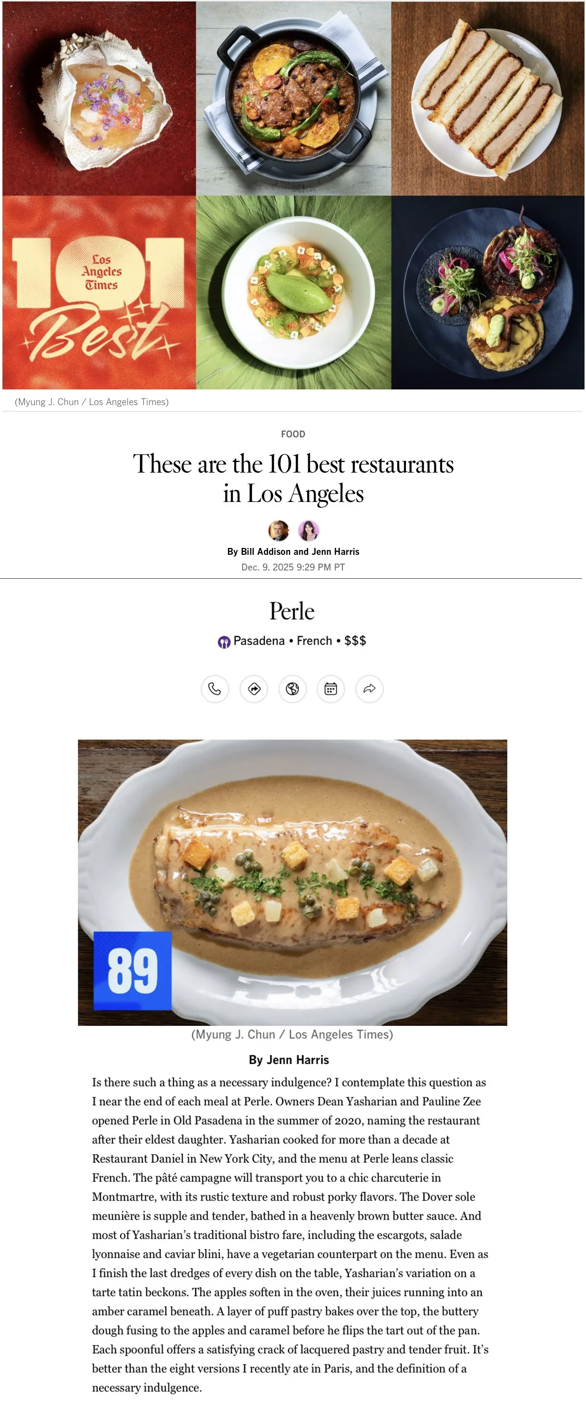 Image of article the LA Times 101 Best Restaurants list 2025, featuring Perle. https://www.latimes.com/food/list/101-best-restaurants-los-angeles#perle