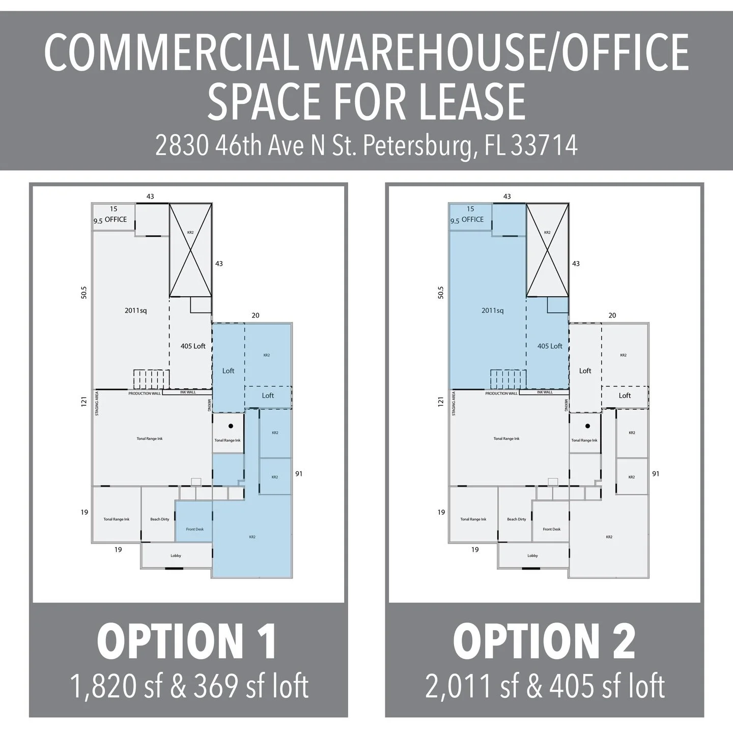 Office and Warehouse Space Available for Lease
We will soon have one office/warehouse space available for lease, with two layout options to choose from. We are seeking a business that aligns well and creates strong synergy with KR2 Construction and T