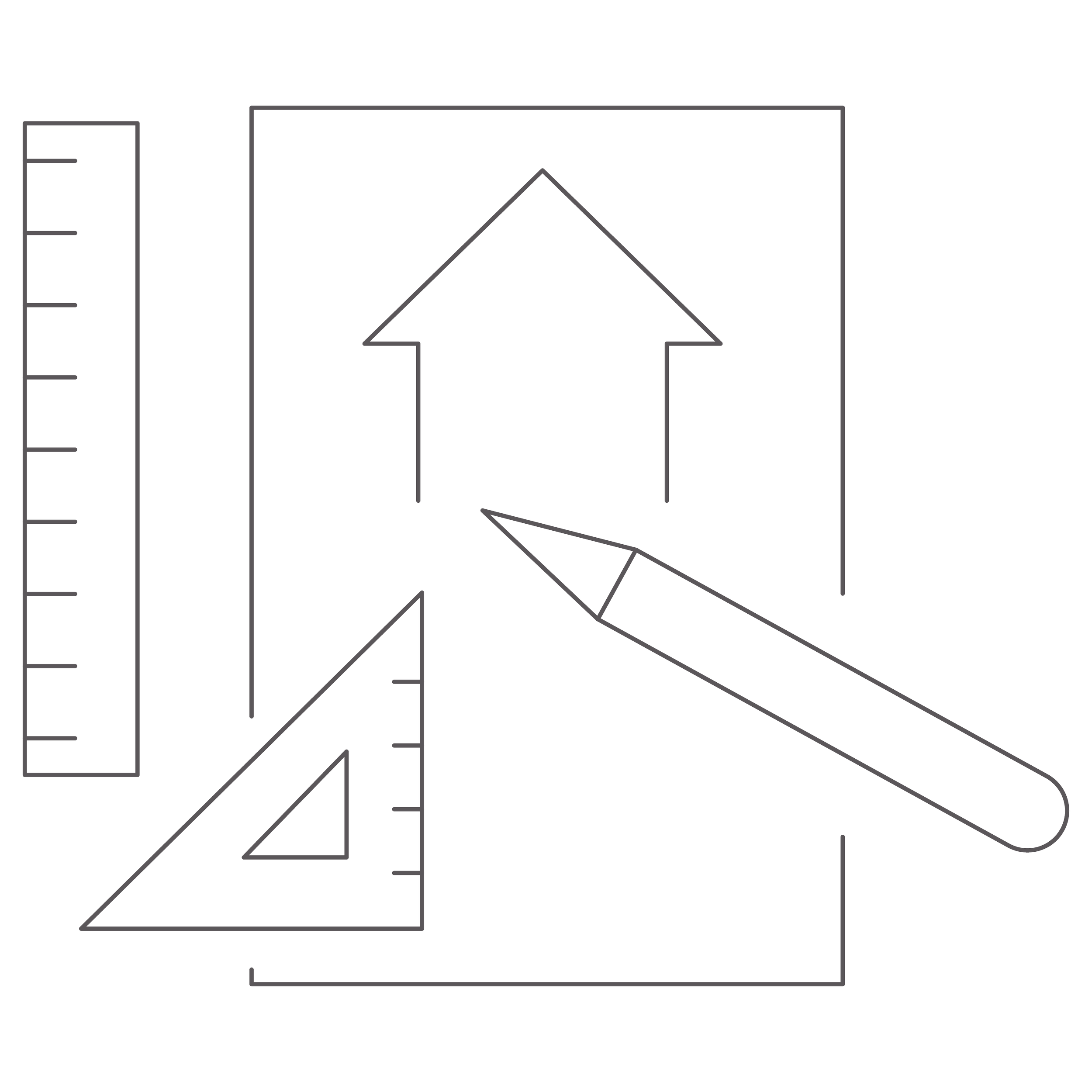 Line drawing of two rulers, a set square, a pencil, and an arrow pointing upwards on a black background.