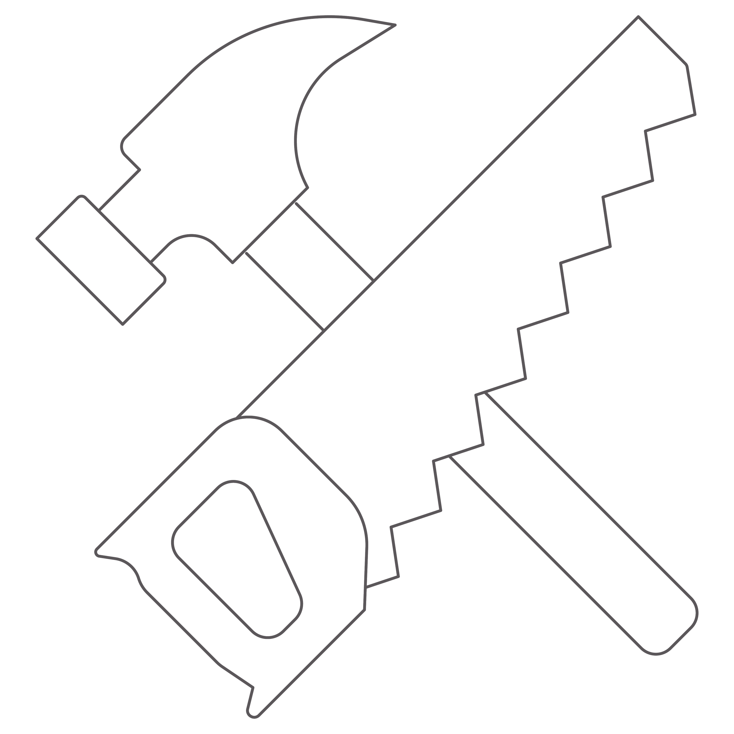 Line drawing of a construction excavator with a scoop, an arm, tracks, and a cabin, represented in a simple, minimalist style.