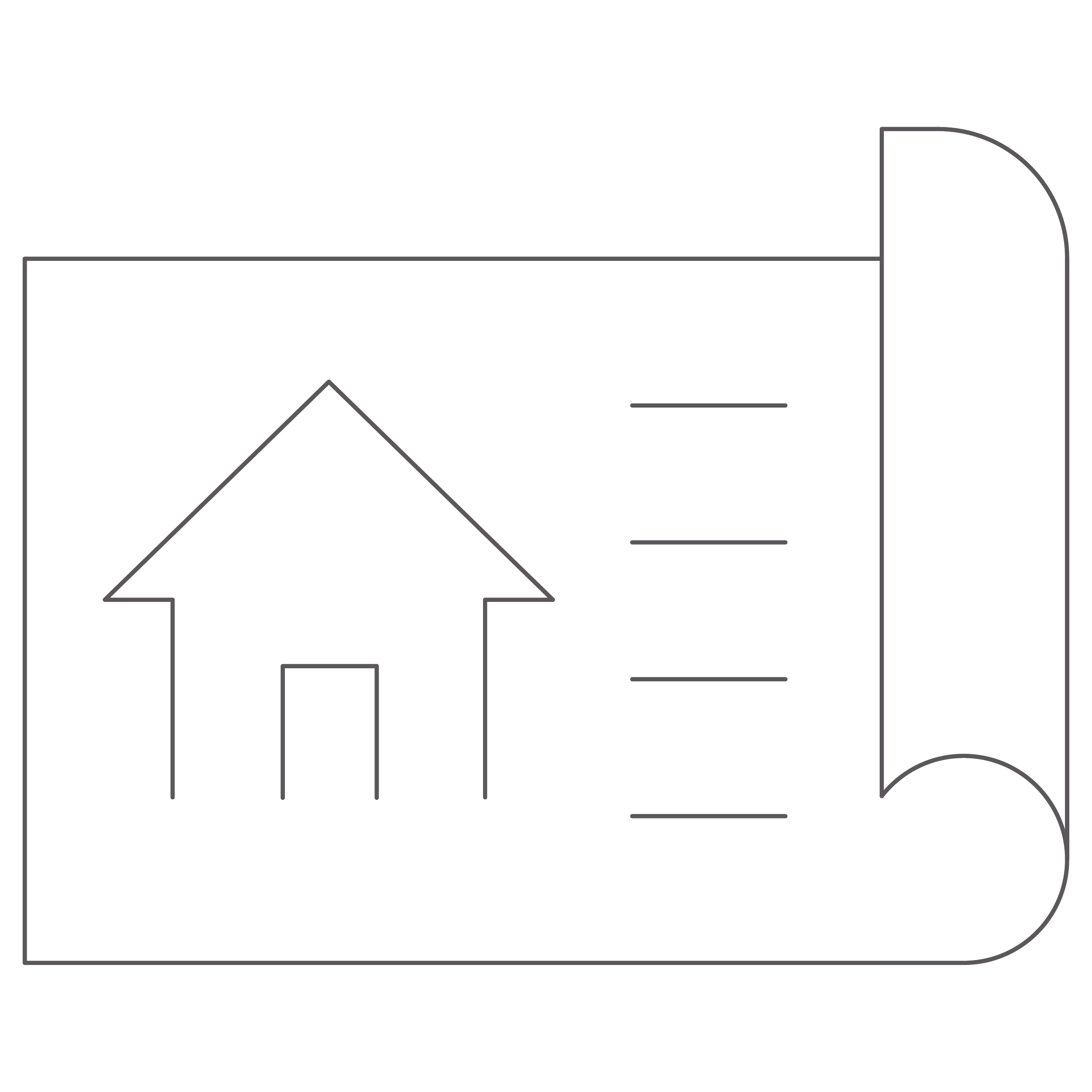 Outline of a house and paper with lines on a black background.