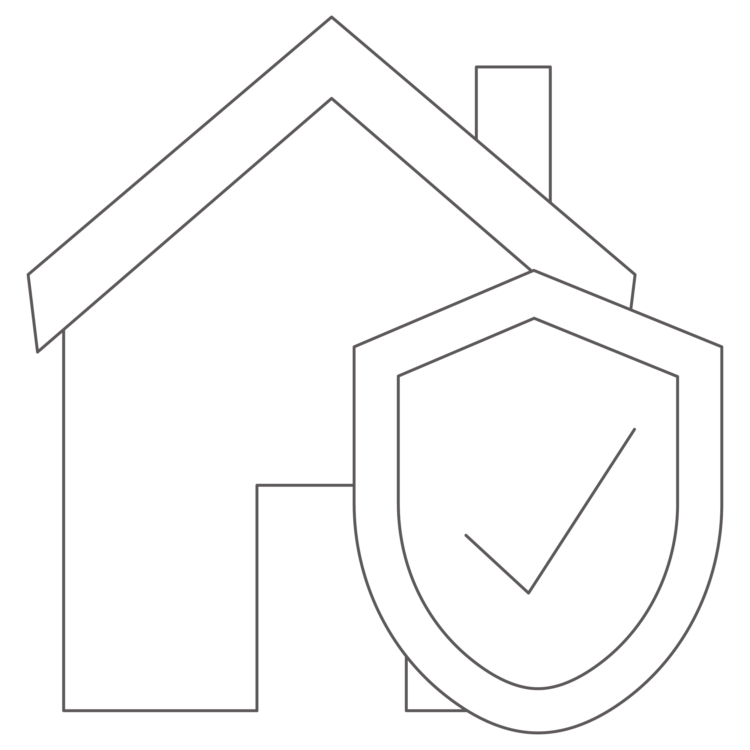 Outline of a house with a shield featuring a checkmark in front of it.
