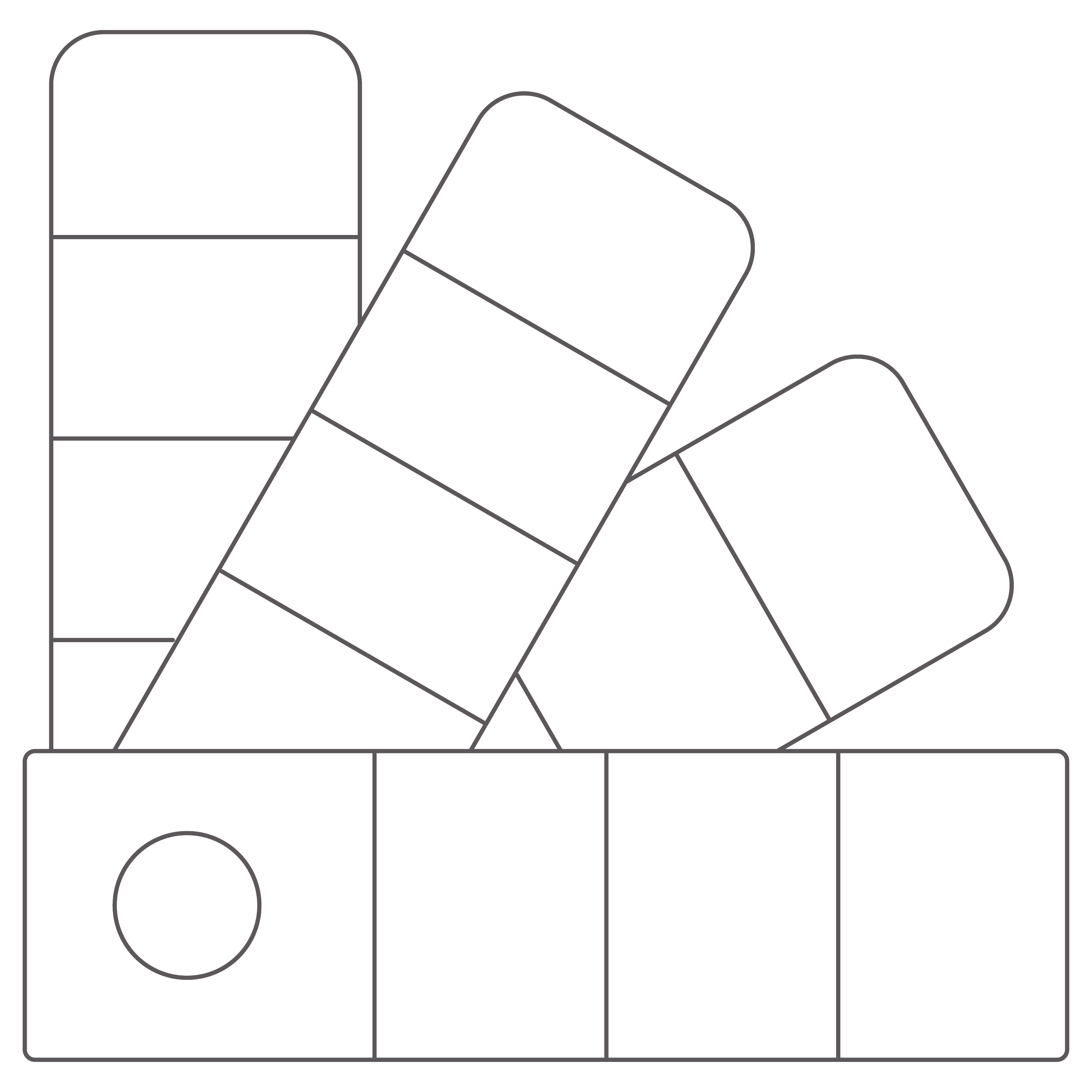 Outline of various rectangular nail polish bottles and a jar, some tilted, on a black background.