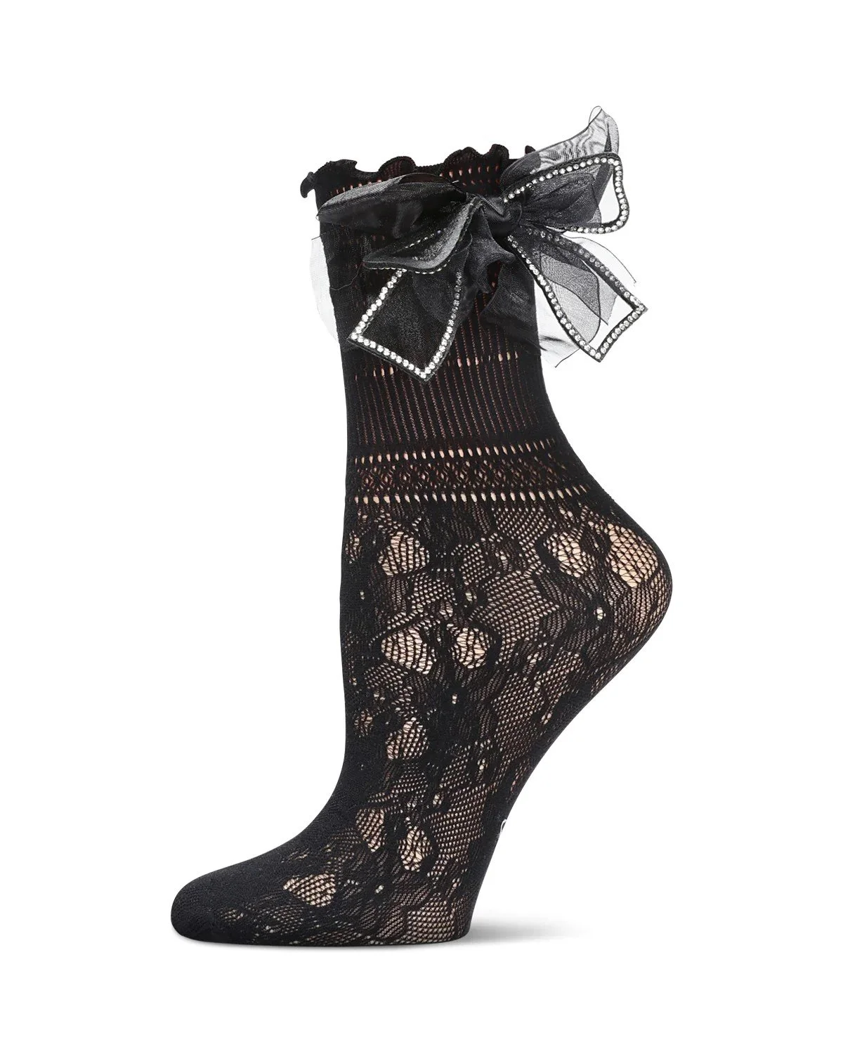 RHINESTONE BOW NETTED CREW SOCKS