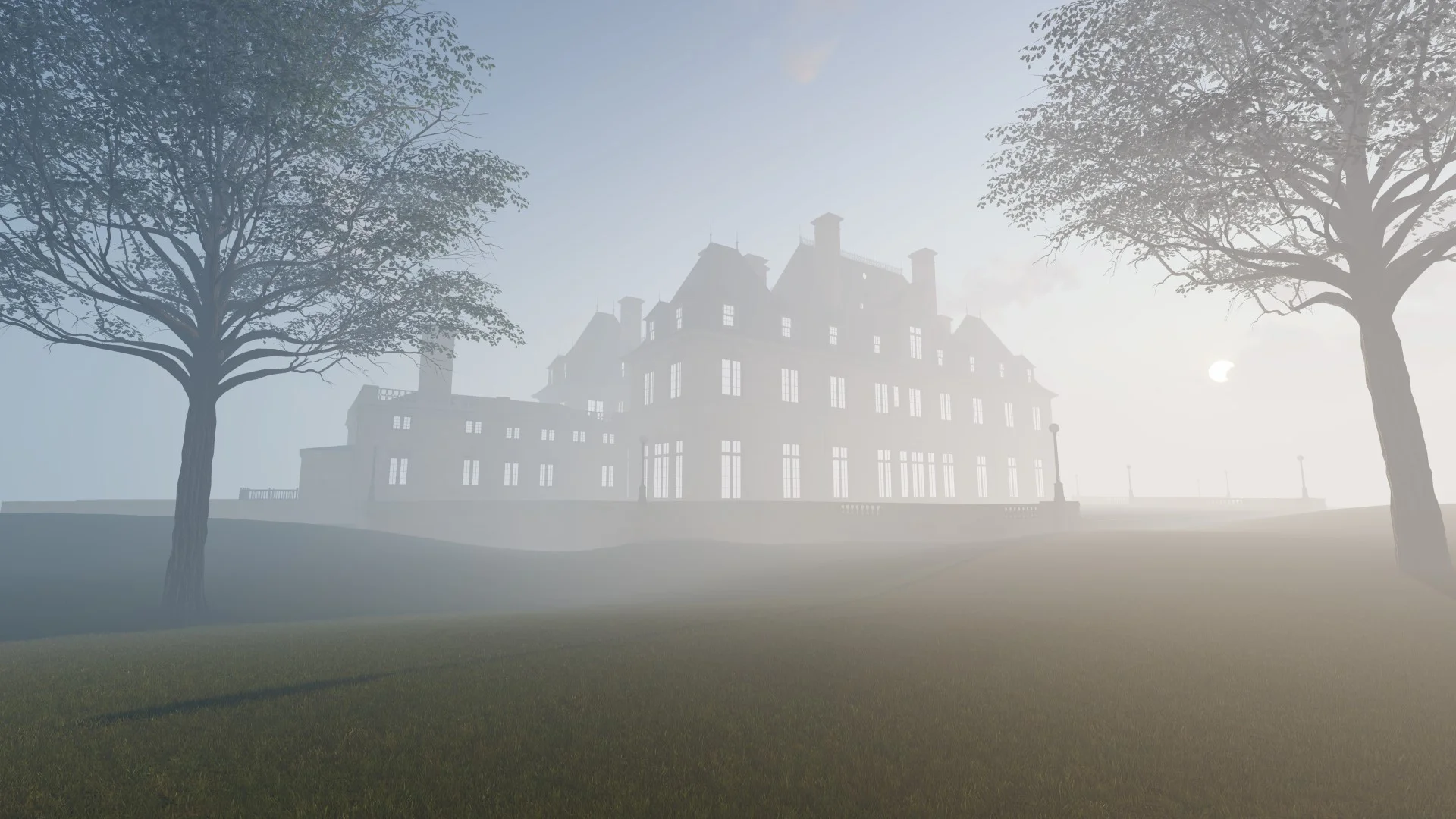 the north side of the mansion in the mist
