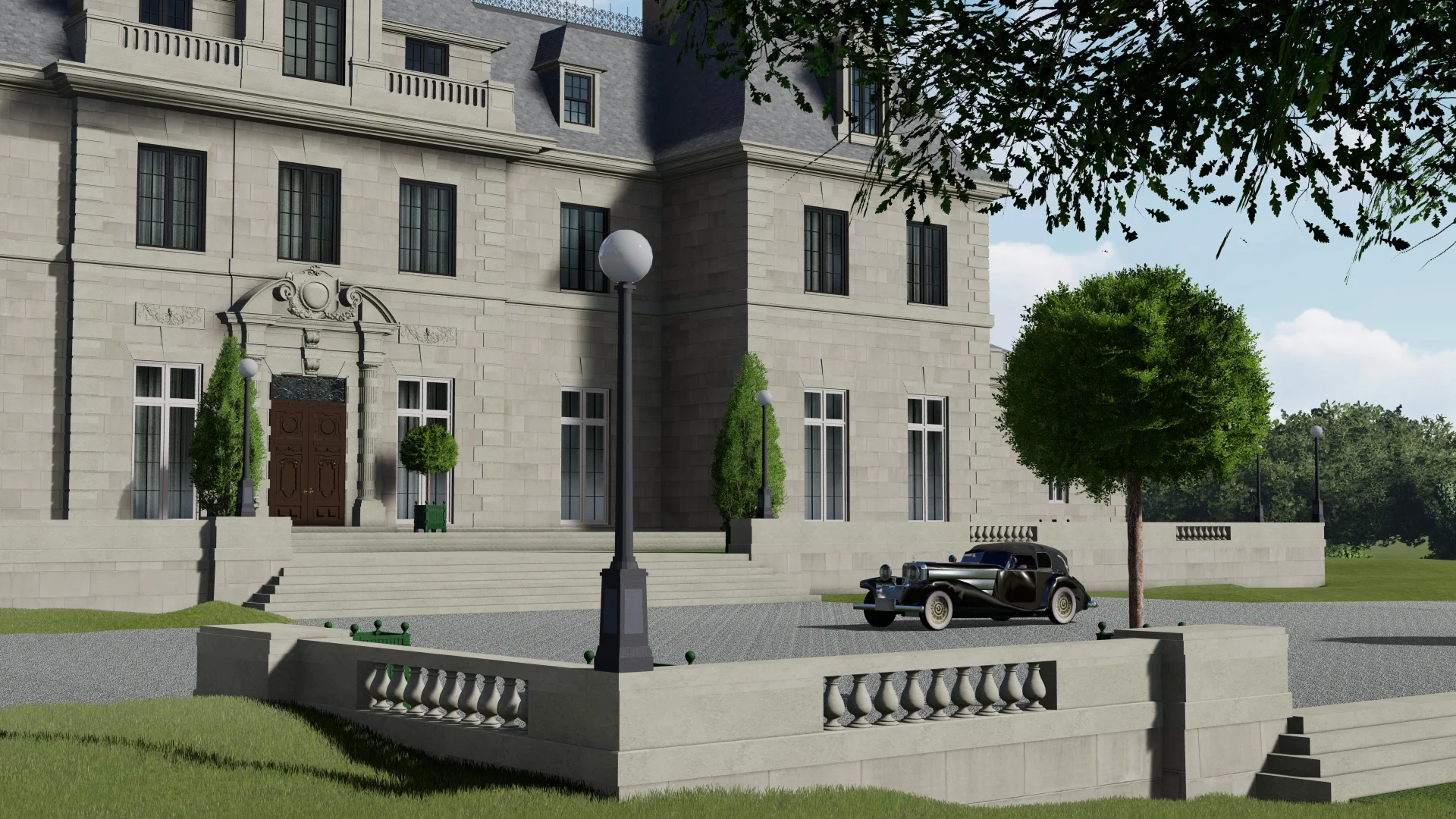 A closeup of the approach to the mansion with a 1937 Mercedes