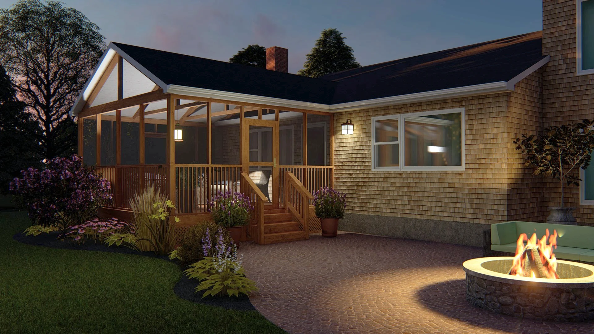 Dusk view of the screened porch and patio
