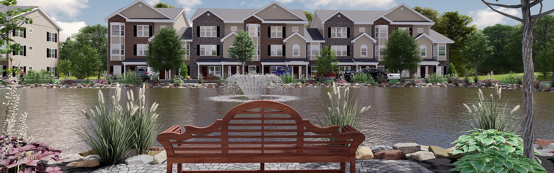 A rendering of a bench overlooking a pond, with a new townhouse apartment in the background.