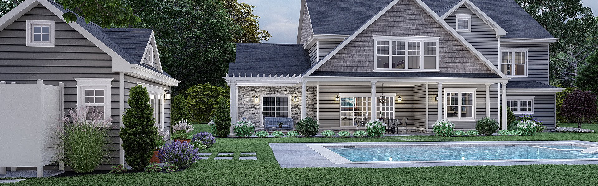 A 3D architectural rendering of the rear of a home with a pool and pool house in the foreground.