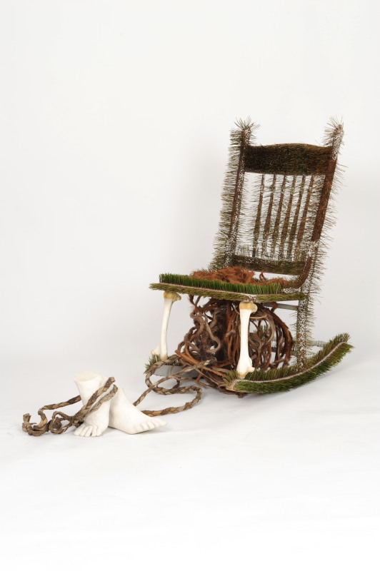 Presence of Absence - Pine Chair, pine needles, kangaroo bone, hide, white cement, muslin, dimensions 1.3m x 50cm, 2016 Image - Nu Image.jpg