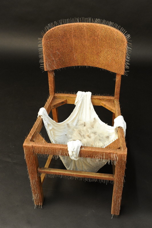 Unconcious Transference II - Wooden chair, white cement, muslin, silver pins, dimensions 1.2m x 65cm, 2012 - Image Nu Image.jpg