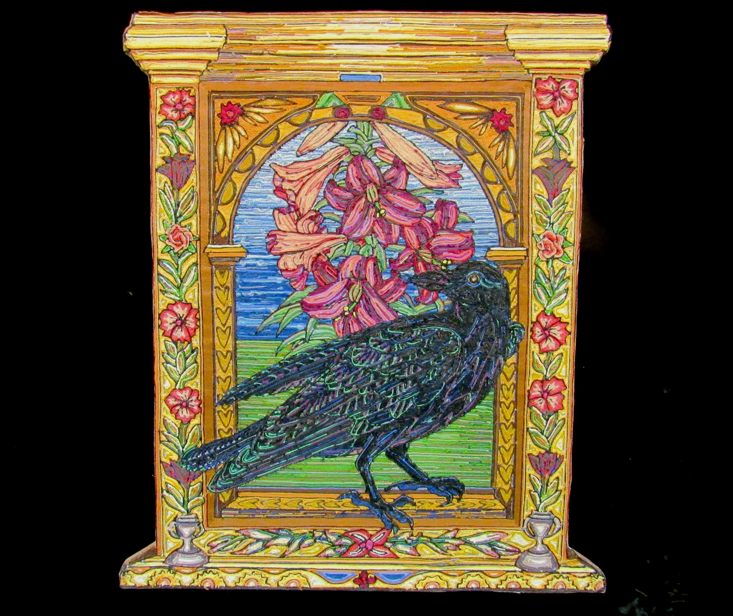    Raven View    24” x 21”  2008, string and wax on wood 