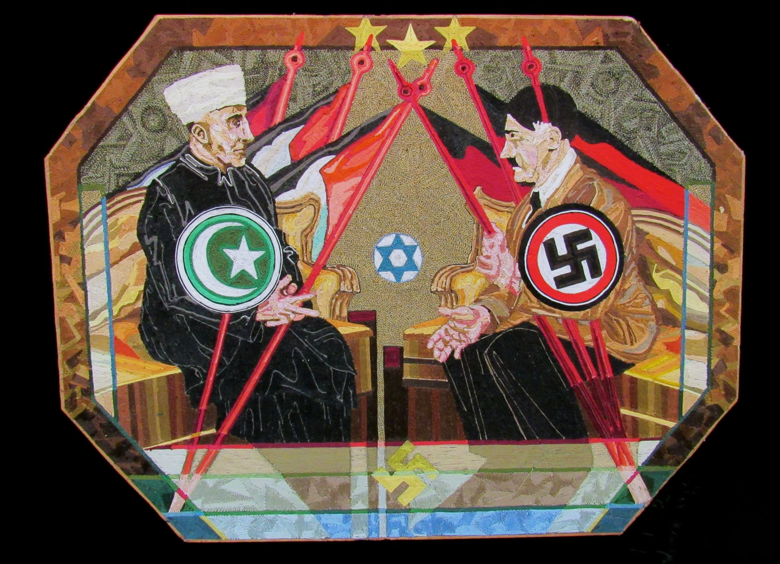    Meeting Amin Al-Husseini    28” x 36”  2014, string and wax on wood 