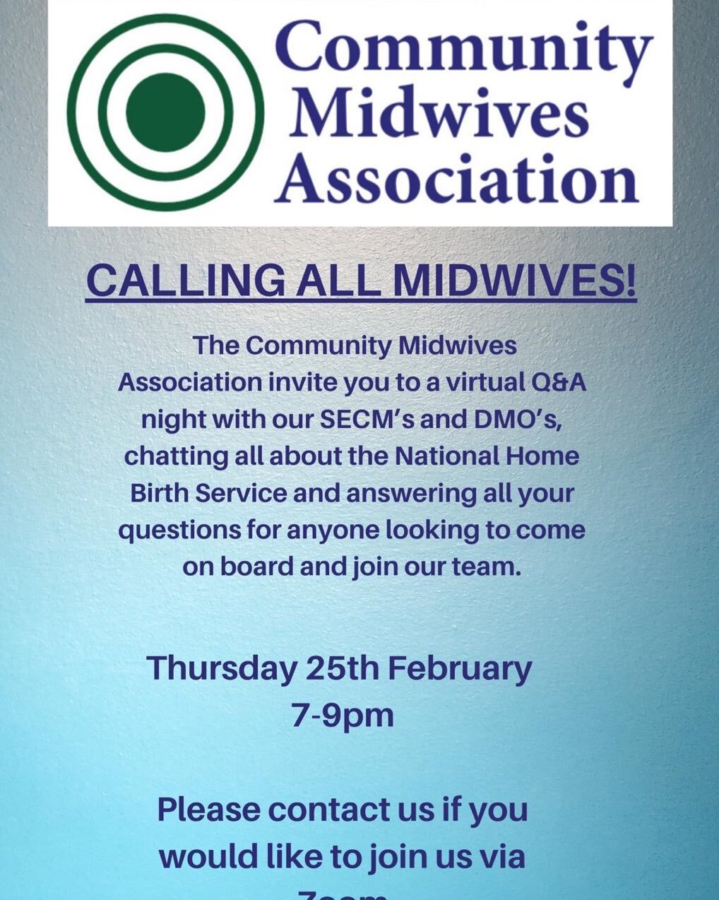 We are hosting an open evening for midwives looking for information about the homebirth service