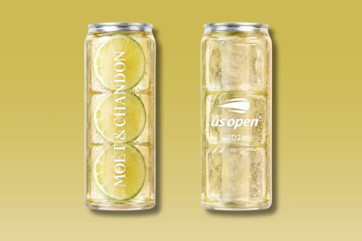 Moët & Chandon x US Open branded canned Champagne serve featuring citrus slices suspended in ice, highlighting innovative drinks branding and premium tennis hospitality experiences.
