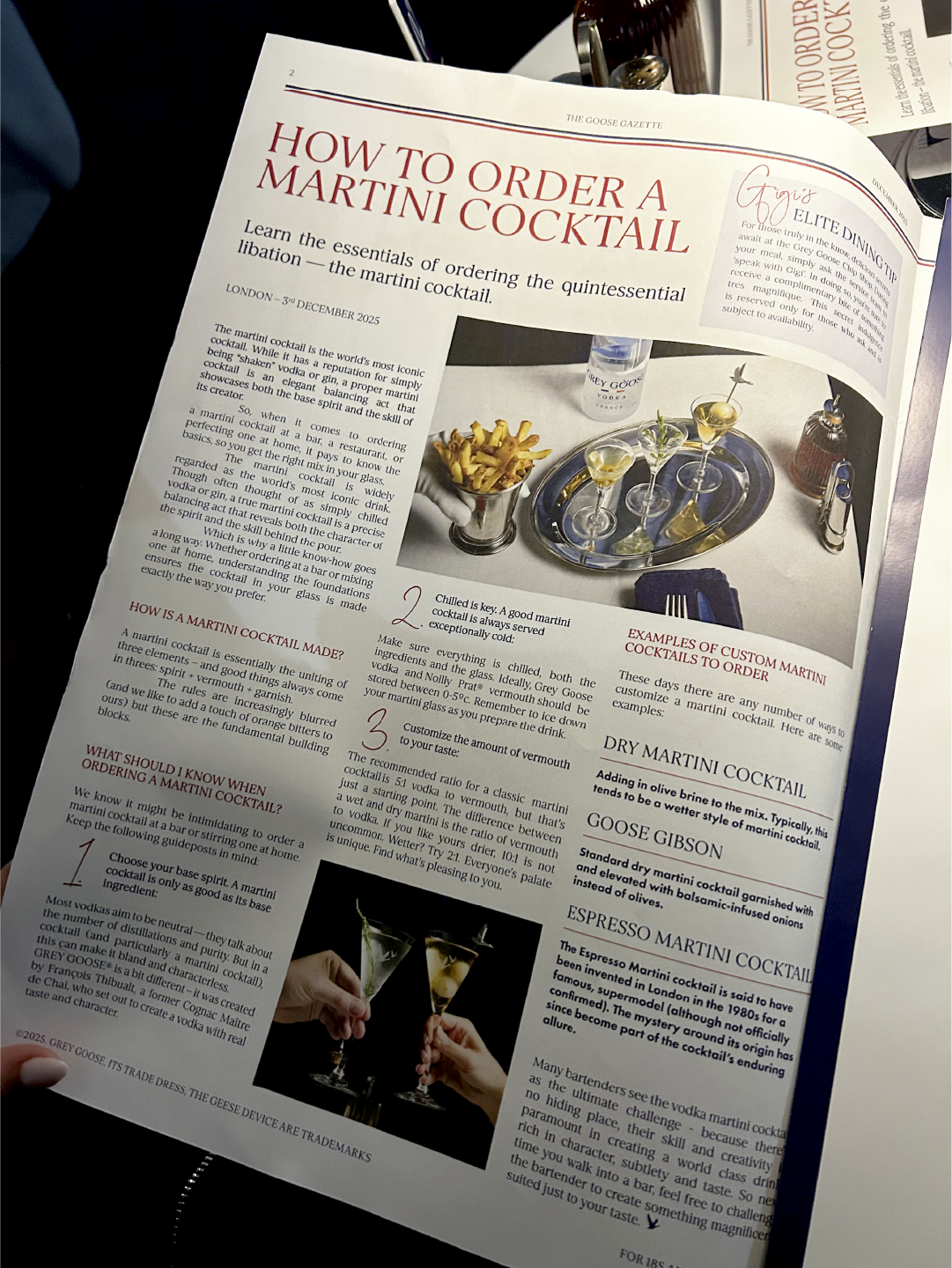  Grey Goose Chip Shop brand activation at 59 Greek Street, Soho, London this December, featuring a stylish magazine spread on how to order a martini cocktail with premium Grey Goose serves. 