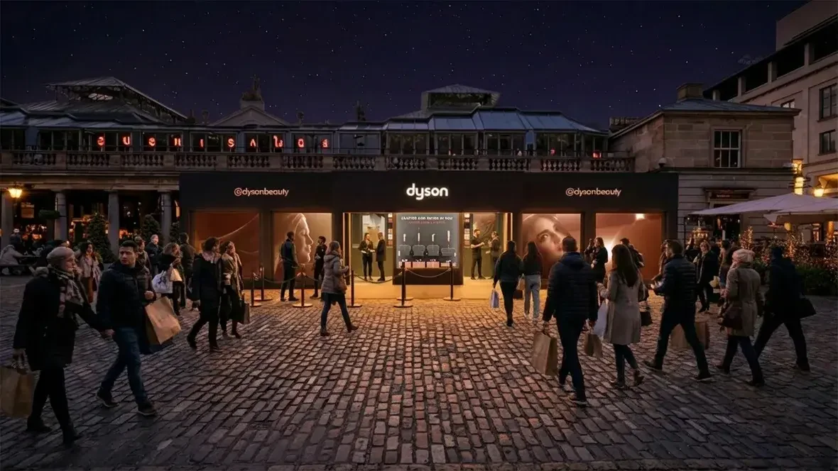  Dyson beauty pop-up at Covent Garden illuminated at night, featuring sleek modern design with interactive displays and visitors exploring premium haircare technology in a festive shopping atmosphere. 