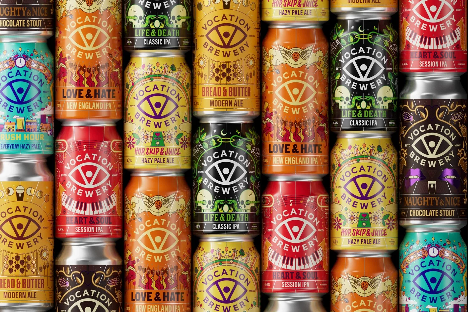  Colorful lineup of Vocation Brewery beer cans arranged in rows, featuring varieties like Life &amp; Death IPA, Love &amp; Hate New England IPA, Bread &amp; Butter Modern Ale, and Naughty &amp; Nice Chocolate Stout. 