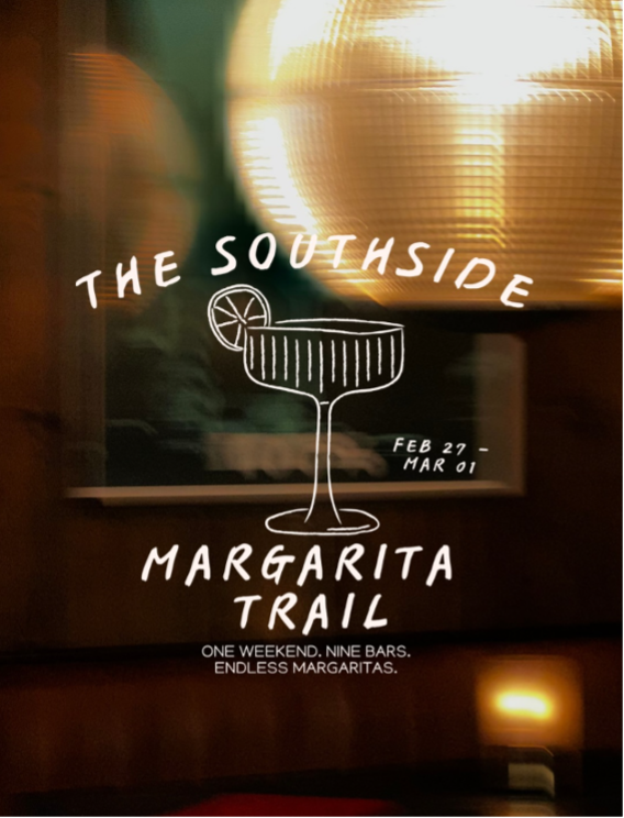  Graphic promoting The Southside Margarita Trail in Glasgow, featuring an illustrated margarita glass, event dates and handwritten typography, with warm interior lighting reflected in the glass. 