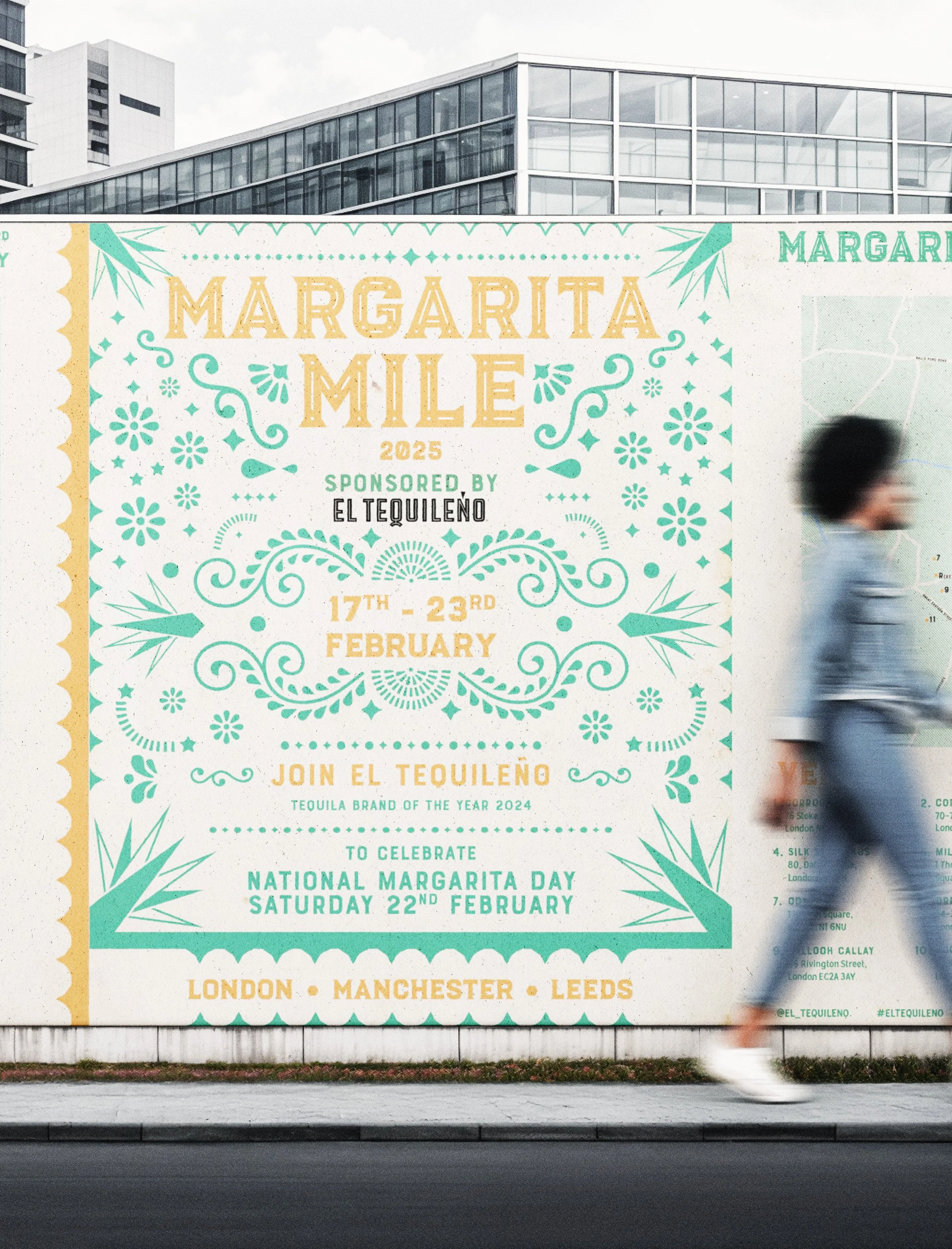  Large outdoor mural promoting Margarita Mile 2025, sponsored by El Tequileño, featuring illustrated agave graphics, event dates and National Margarita Day details, displayed on an urban city street. 