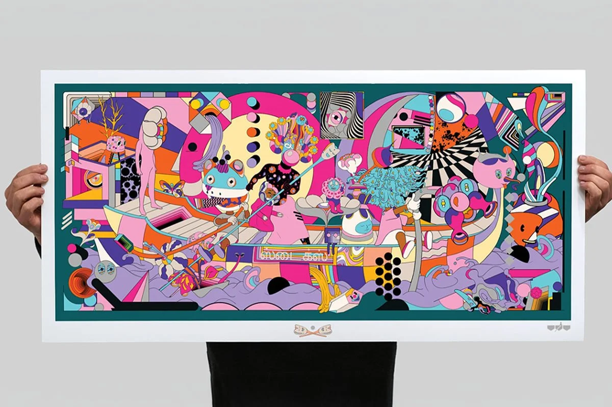  Vibrant illustrated artwork by Murugiah, featuring abstract characters, bold colour palettes and surreal scenes that reflect immersive worlds bridging British and Sri Lankan cultural influences. 