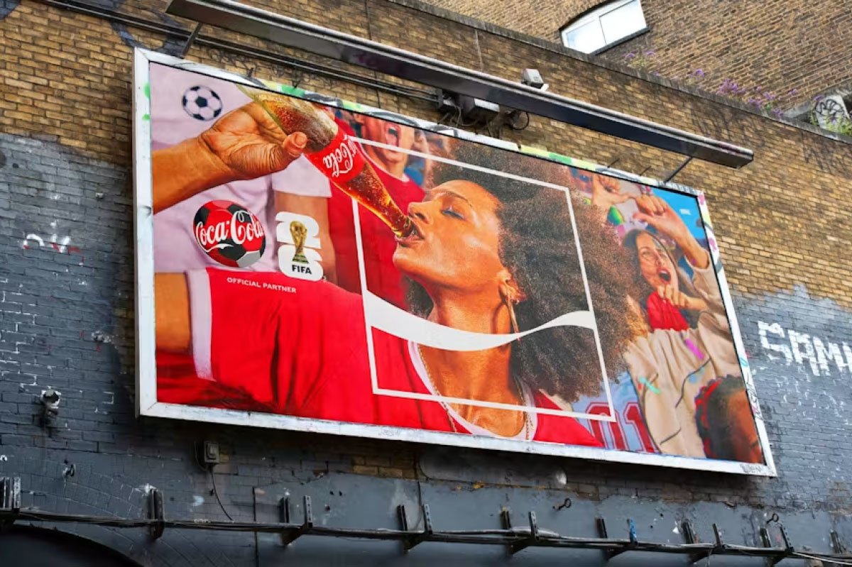  Coca‑Cola FIFA campaign mural on an urban brick wall, featuring a person drinking from a glass bottle with football imagery and official partner branding in a vibrant street setting. 