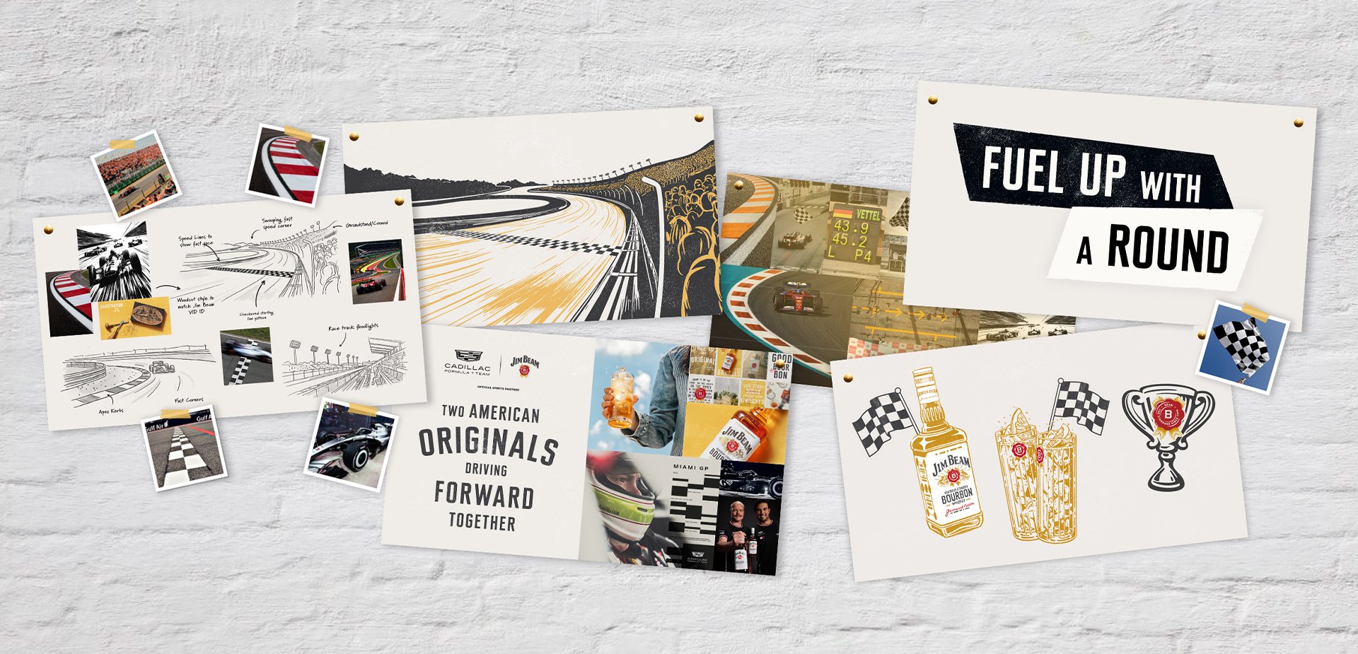 Jim beam x Cadillac F1 campaign moodboard by Wonderworks featuring race track illustrations, cocktails, photography, and branding assets, showcasing creative development and visual direction for a high-energy motorsport partnership