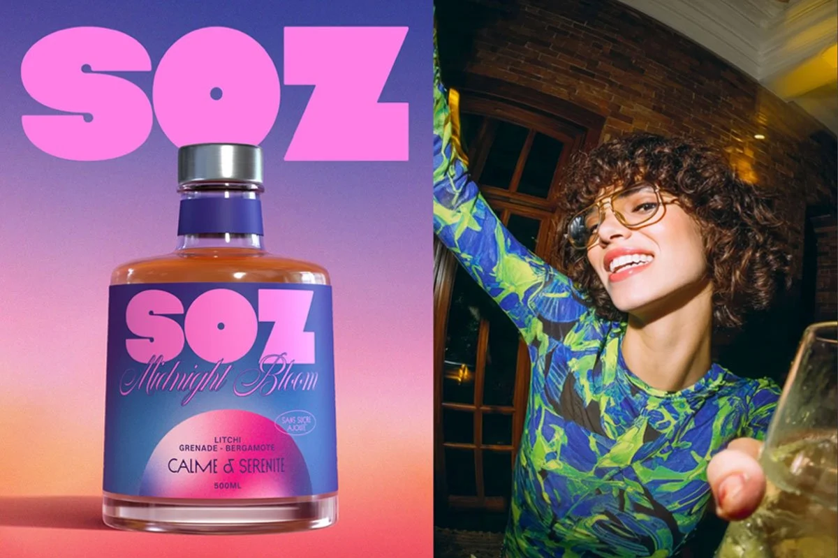 SOZ Midnight Bloom non-alcoholic spirit bottle paired with vibrant nightlife imagery, showcasing an Australian alcohol-free drink crafted with lychee, pomegranate and bergamot-inspired flavours for social occasions.