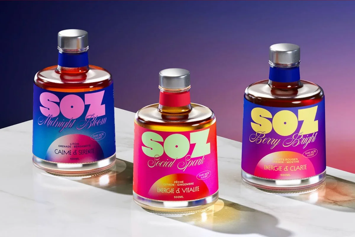 SOZ non-alcoholic spirits range featuring Midnight Bloom, Social Spark and Berry Bright in vibrant bottles, showcasing Australian alcohol-free drinks crafted for mindful social occasions and flavour-led enjoyment.