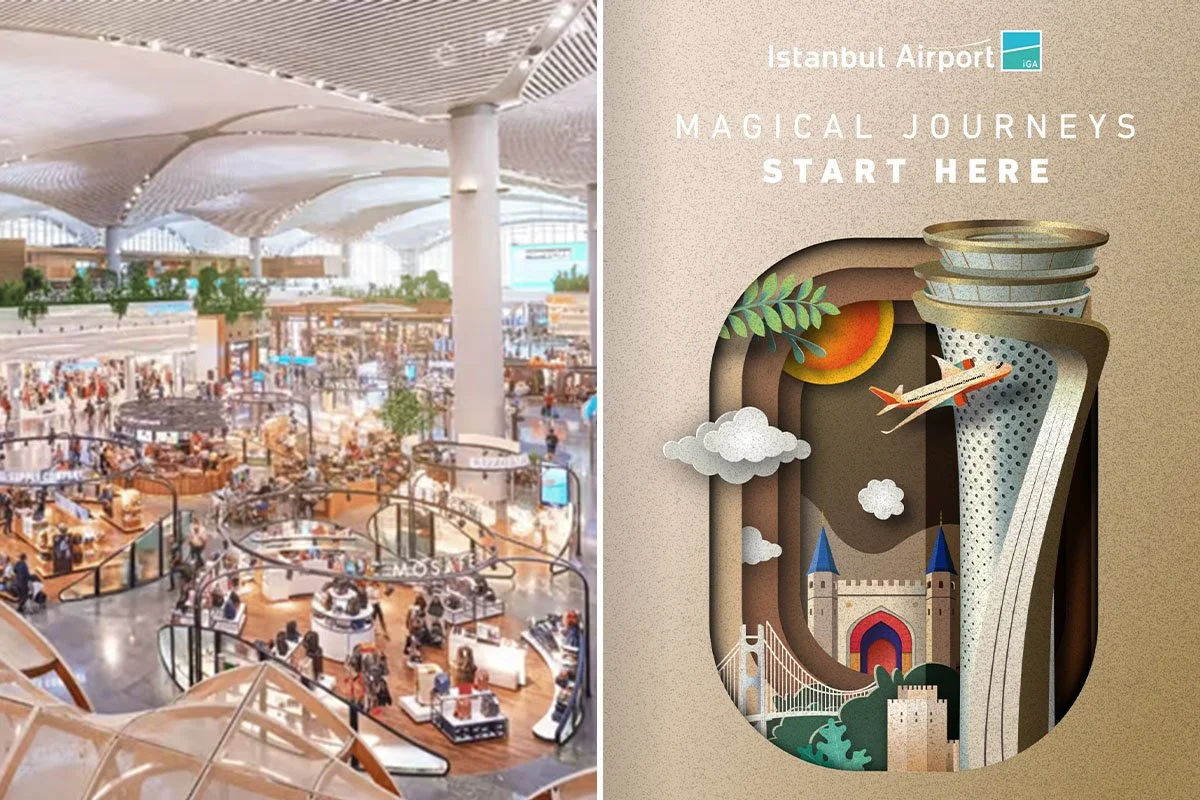 Istanbul Airport interior with luxury retail concourse alongside a ‘Magical Journeys Start Here’ campaign graphic, featuring illustrated landmarks and an airplane promoting travel in a modern airport setting.