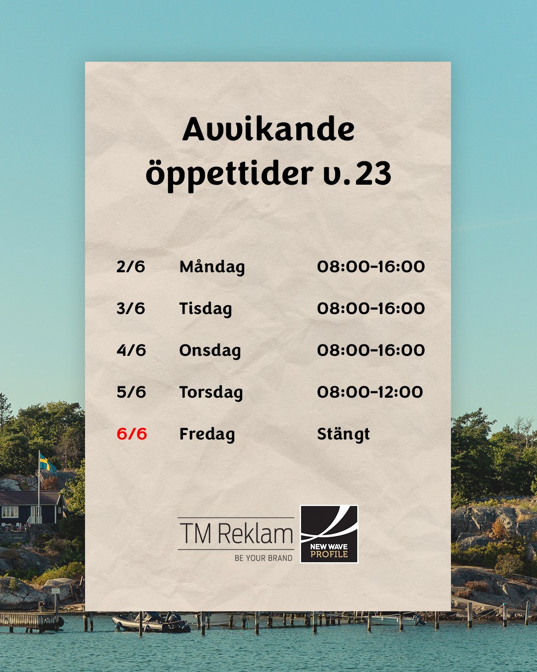 &Auml;ven den h&auml;r veckan har vi lite avvikande &ouml;ppettider. M&aring;ndag&ndash;onsdag har vi &ouml;ppet som vanligt och p&aring; torsdag st&auml;nger vi 12:00 medan vi &auml;r lediga p&aring; fredag. V&aring;rt lager skickar era best&auml;ll