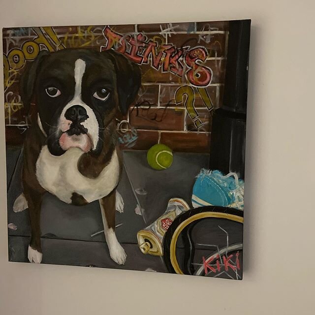 Just found @kikiroosliart on Insta.She painted this pic for me of my fab boxer Dinky who we sadly lost during #Lockdown. It always makes me smile and my photo isn&rsquo;t even doing it justice! #boxersofinstagram #irishartist