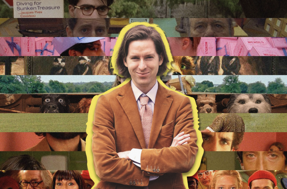 A collage of Wes Anderson film stills arranged in a grid, showcasing recurring motifs like pastel colors, vintage props, and symmetrical compositions