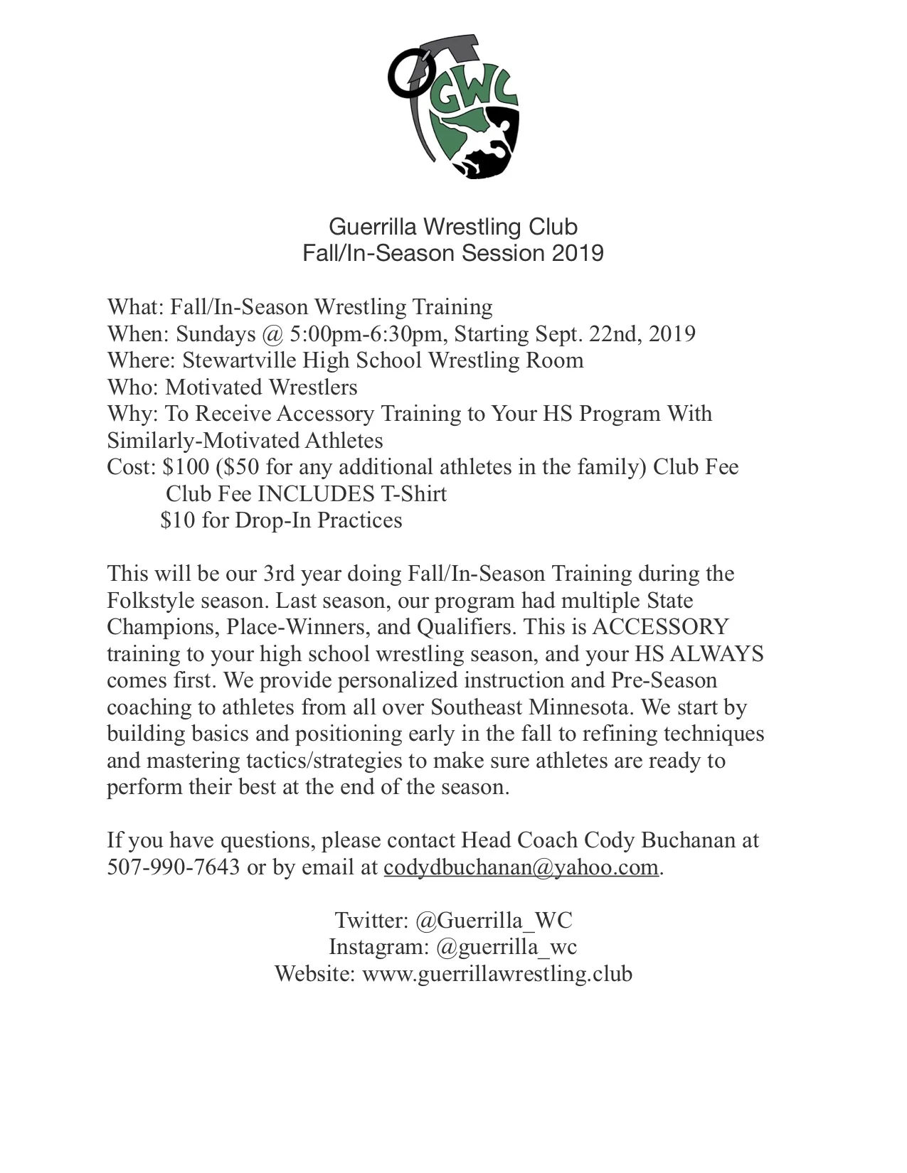Fall/In-Season Training Announcement