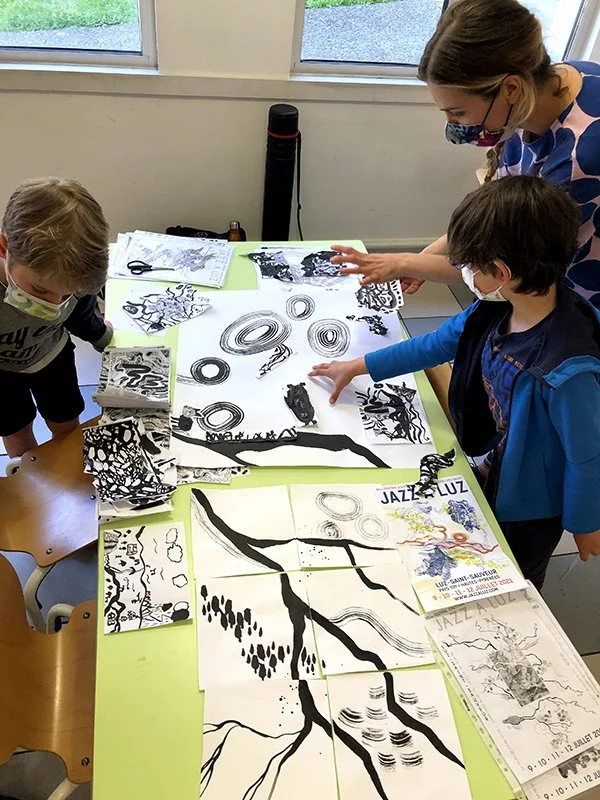 Festival Jazz à Luz / enfants 7-11 ans / 2021 Encre de Chine, collage, création d'affiche Accueils de loisirs des Hautes-Pyrénées (65)