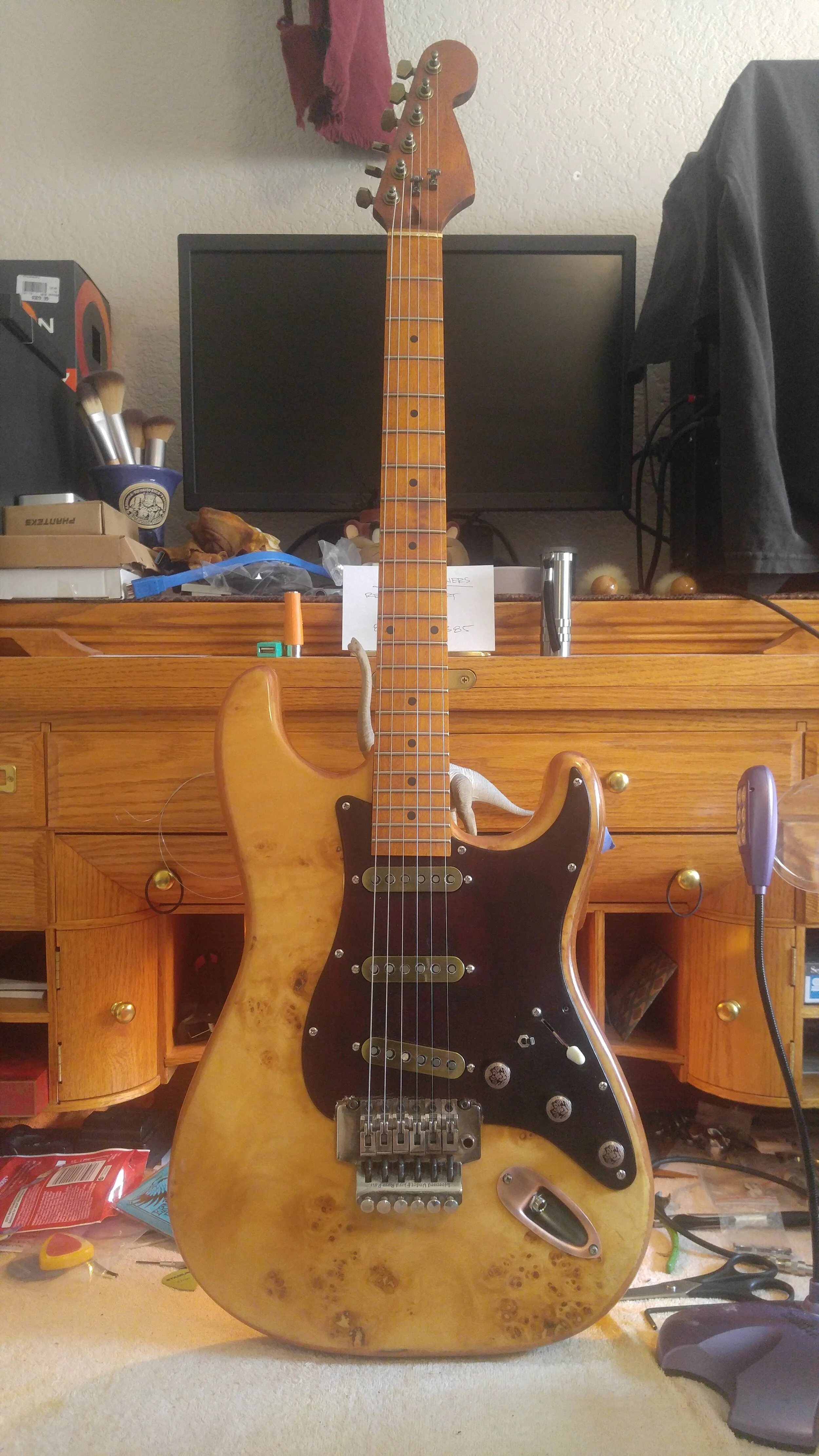 Official beauty shot of completed guitar, awaiting final setup at a pro shop here in town.